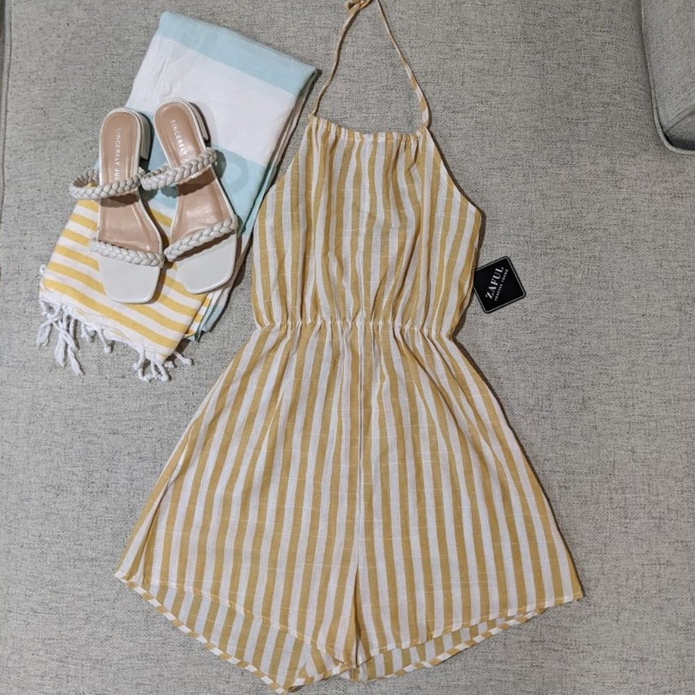 ZAFUL Striped Halter Wide Leg Romper - Picture 3 of 9